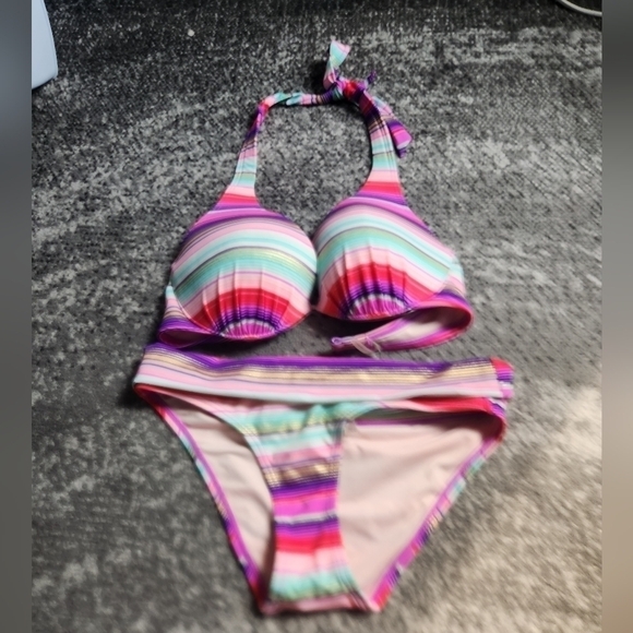 Victoria Secret Blue, Pink, Red, Gold 2 Piece Bathing Suit size 34D/XS - Picture 8 of 9